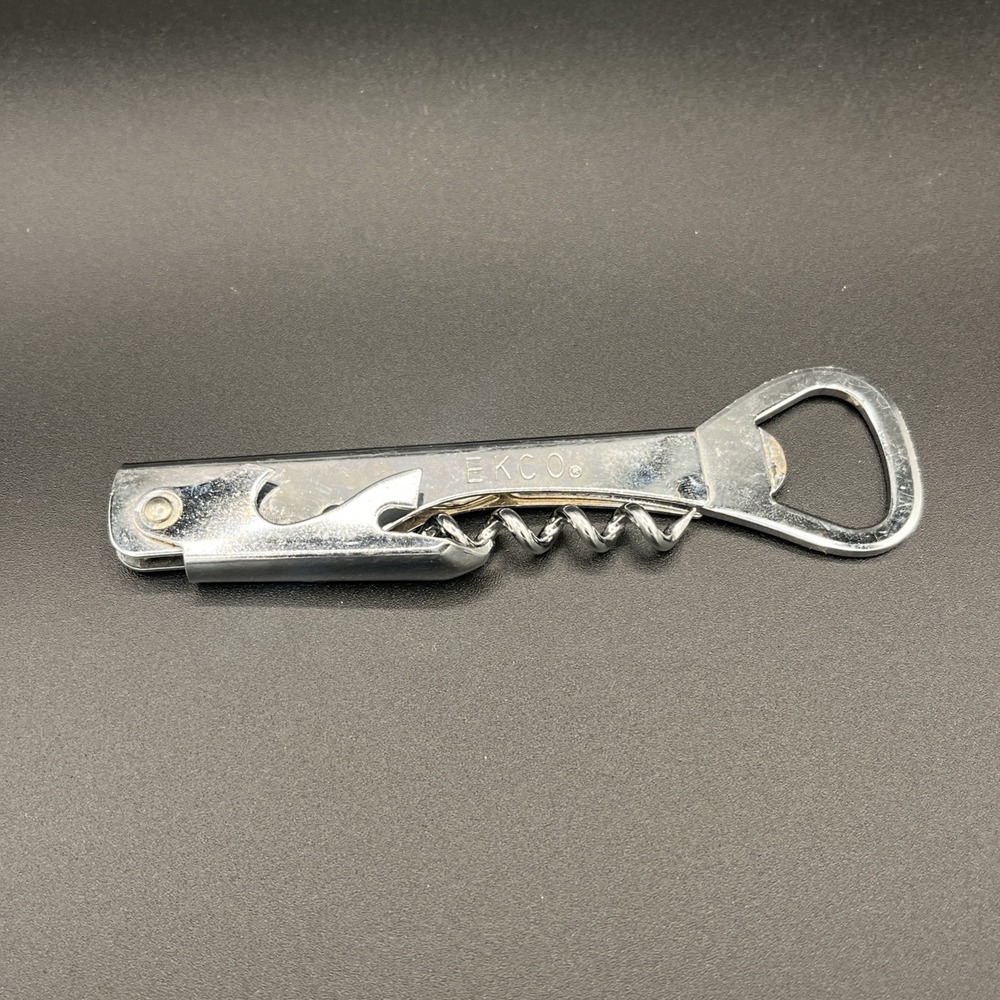 Vtg EKCO All-in-One Bottle Top Opener Corkscrew Can Piercer MULTI-TOOL 5.5"